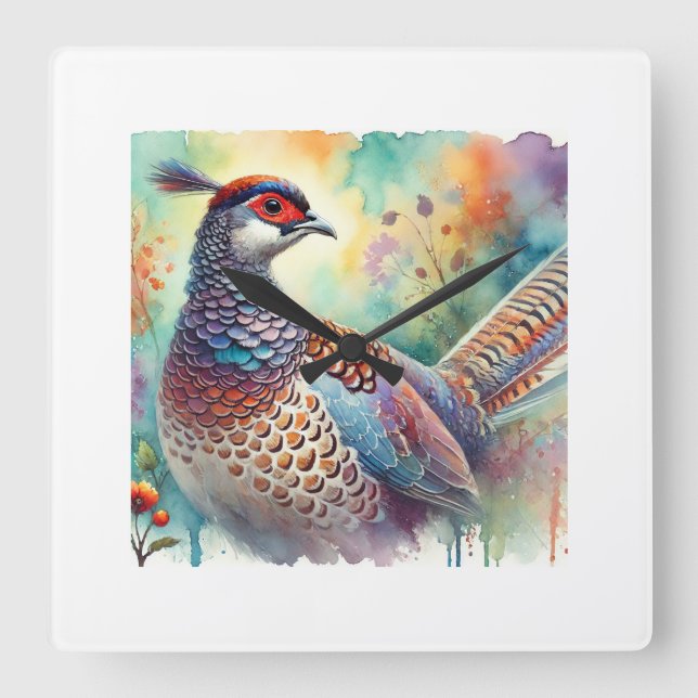 Lady Amhersts Pheasant 260624AREF111 - Watercolor Square Wall Clock (Front)
