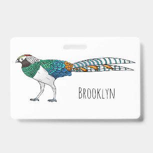 Lady amherst's pheasant bird cartoon illustration ID badge