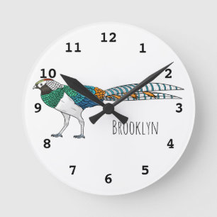 Lady amherst's pheasant bird cartoon illustration  round clock