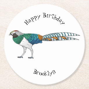 Lady amherst's pheasant bird cartoon illustration round paper coaster
