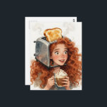 Lady and A Toaster on her head  Postcard<br><div class="desc">A gorgeous lady poses with a toaster on her head holding a coffee with whipped cream surreal fantasy AI generated art</div>