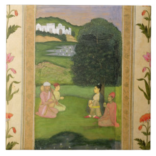 Lady and attendant listening to music at sunset, f tile