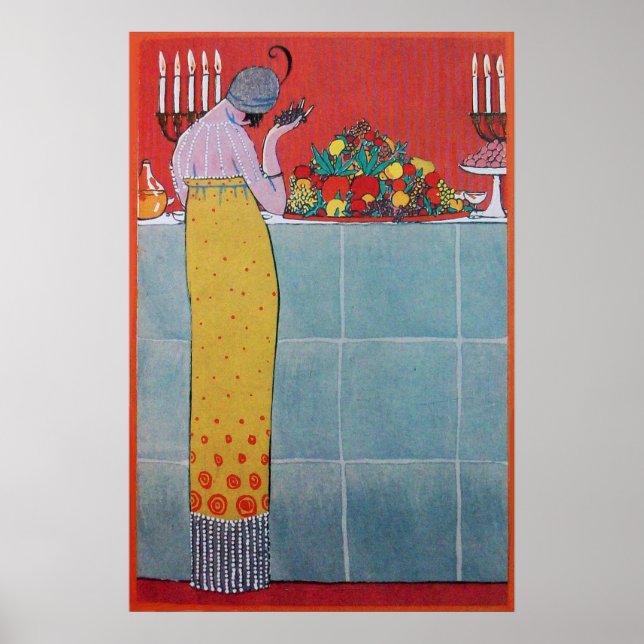 LADY AND FRUITS TABLE SET ART DECO BEAUTY FASHION POSTER (Front)
