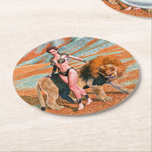 Lady and Lion Round Paper Coaster