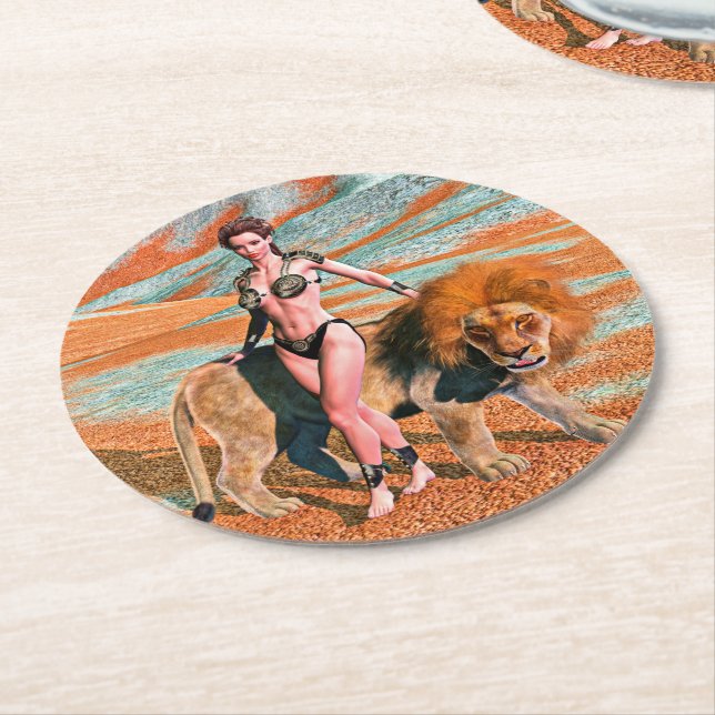 Lady and Lion Round Paper Coaster (Angled)
