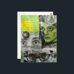 Lady and Men's Eyes Mixed Media Collage Postcard<br><div class="desc">A mixed media collage made and photographed by Angelandspot in the year 2026 with vintage images from a magazine from 1968 on a colorful green and yellow background collage of various papers painted over to unify them before making the collage on top of that layer.</div>