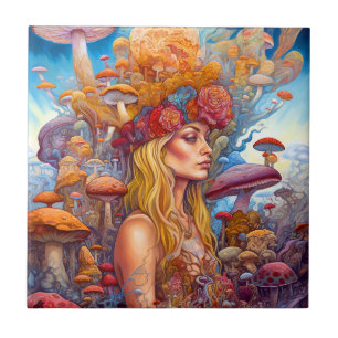 Lady And Mushrooms Surreal Fantasy Art Tile