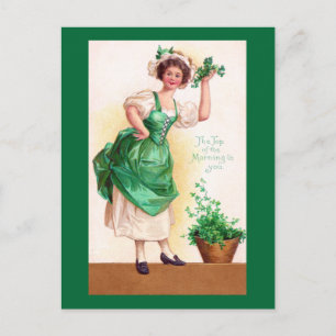 Lady and Potted Shamrocks Vintage St. Patrick's Postcard