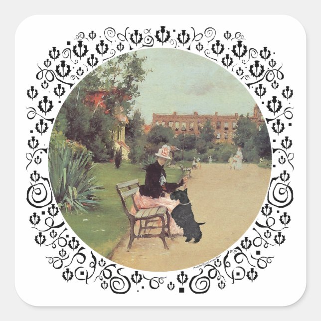 Lady and Scottie in the Park Square Sticker (Front)