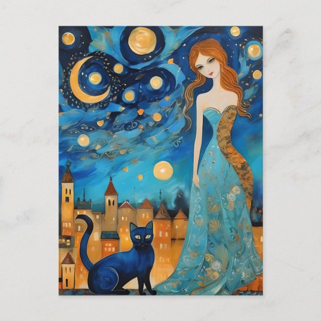 Lady and the Cat in the City at Night Postcard (Front)