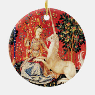 LADY AND UNICORN Lion,Fantasy Flowers,Animals Ceramic Tree Decoration
