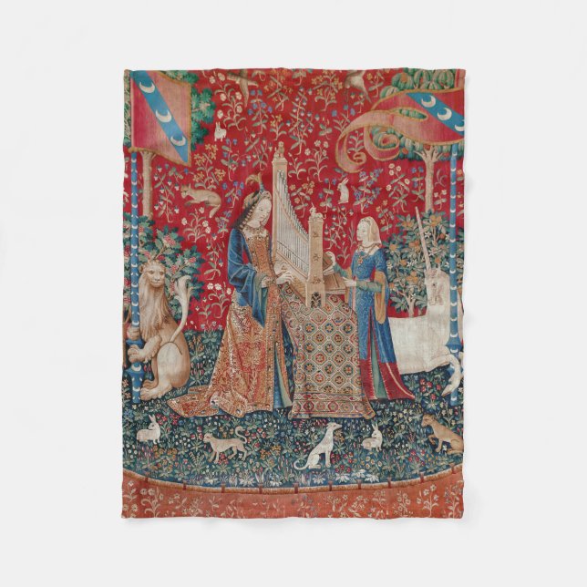 Lady and Unicorn Mediaeval Tapestry Hearing Fleece Blanket (Front)