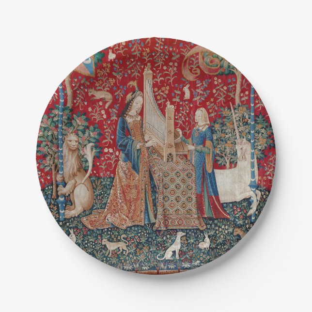 Lady and Unicorn Mediaeval Tapestry Hearing Paper Plate (Front)