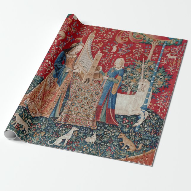 Lady and Unicorn Mediaeval Tapestry Hearing Wrapping Paper (Unrolled)