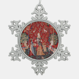 Lady and Unicorn Mediaeval Tapestry Smell Snowflake Pewter Christmas Ornament
