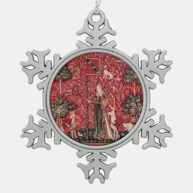 Lady and Unicorn Mediaeval Tapestry Touch Snowflake Pewter Christmas Ornament (Front)