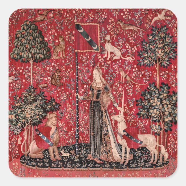 Lady and Unicorn Mediaeval Tapestry Touch Square Sticker (Front)