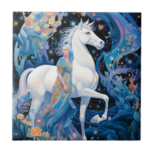 Lady and White Horse Fantasy Art Tile