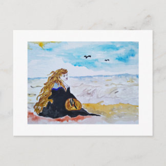 Lady at the beach postcard