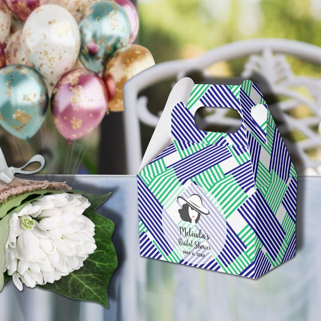 Lady Big Hat Derby Bridal Shower Gable Favour Box (Big Derby hat lady on blue and green diagonal stripes gable style bridal shower favor boxes)