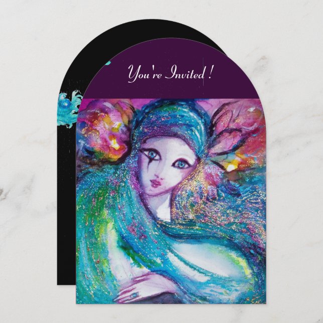 LADY BLUE MASK Elegant Masquerade Party,Teal Black Invitation (Front/Back)