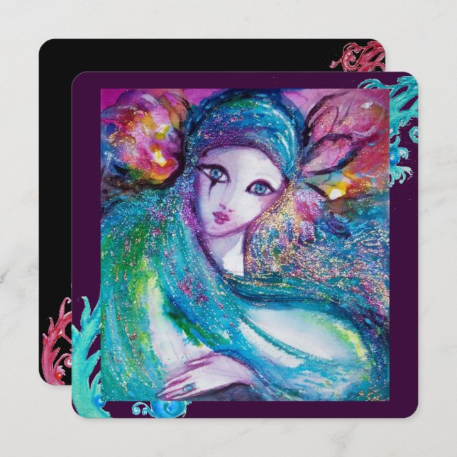 LADY BLUE MASK Elegant Masquerade Party,Teal Black Invitation (Front/Back)