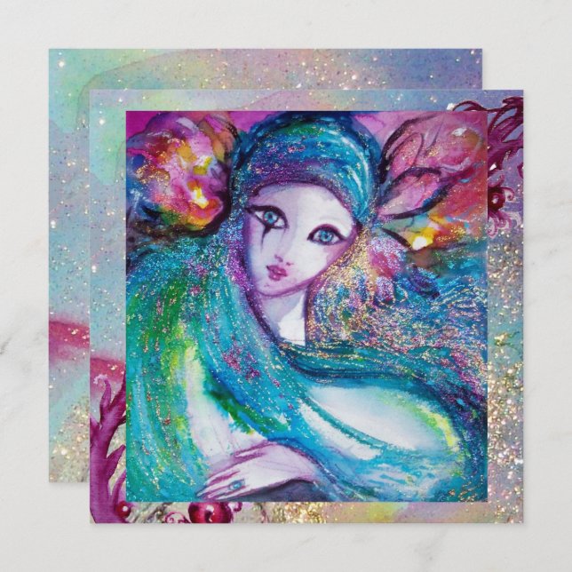 LADY BLUE MASK Elegant Venetian Masquerade Party Invitation (Front/Back)