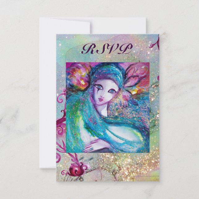 LADY BLUE MASK Floral Swirls Masquerade Party Rsvp Card (Front)