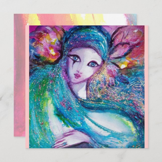 LADY BLUE MASK Masquerade Party Pink Teal Invite (Front/Back)