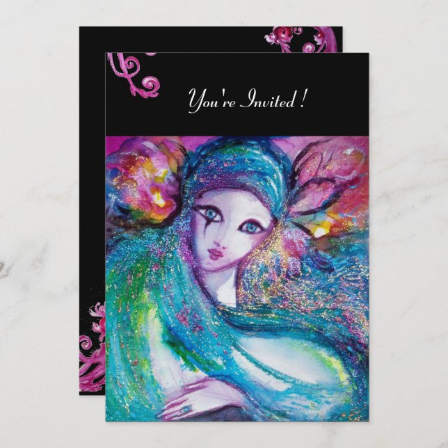 LADY BLUE MASK Masquerade Party Red Swirls Black Invitation (Front/Back)