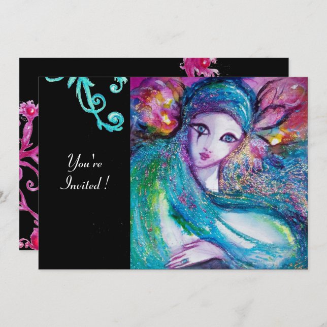 LADY BLUE MASK Masquerade Party,Red Swirls Black Invitation (Front/Back)