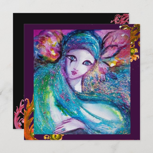 LADY BLUE MASK Red Yellow Swirls Masquerade Party Invitation (Front/Back)