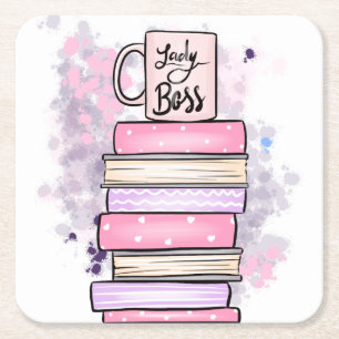 Lady Boss Books and Mug Square Paper Coaster