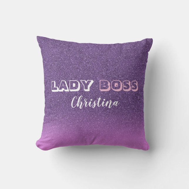 Lady Boss on pink purple glitter name Cushion (Front)