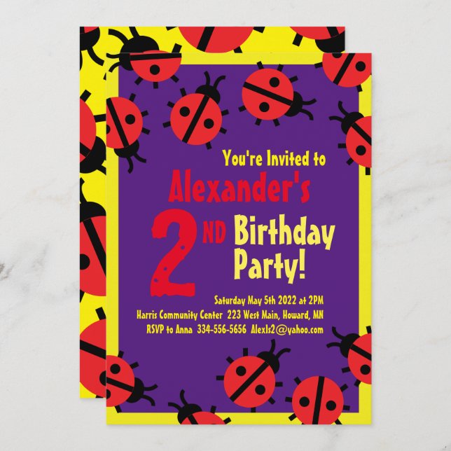 Lady Bug Animal Kid's Birthday Party Invitations (Front/Back)