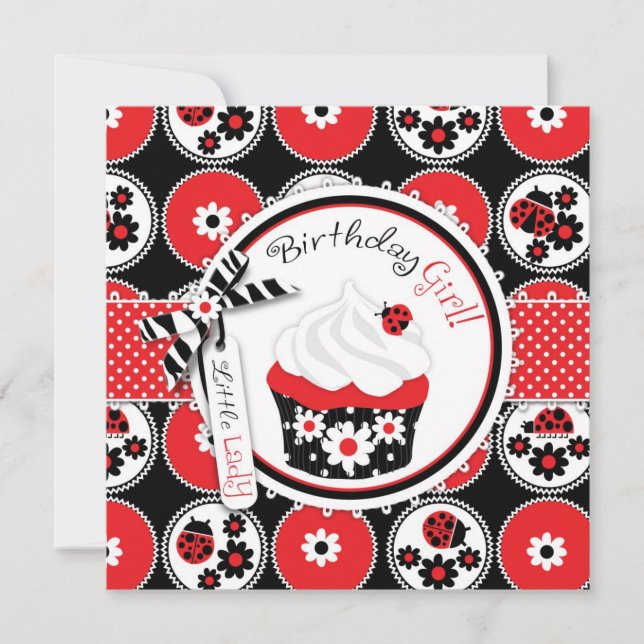 Lady Bug Cupcake Birthday Invitation (Front)