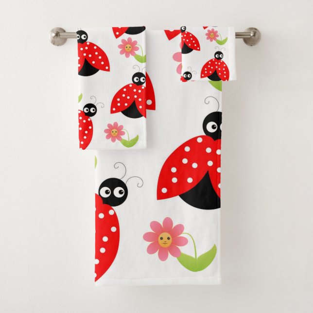 Lady Bug Floral Pink Flowers  Bathroom Towel Sets (Insitu)