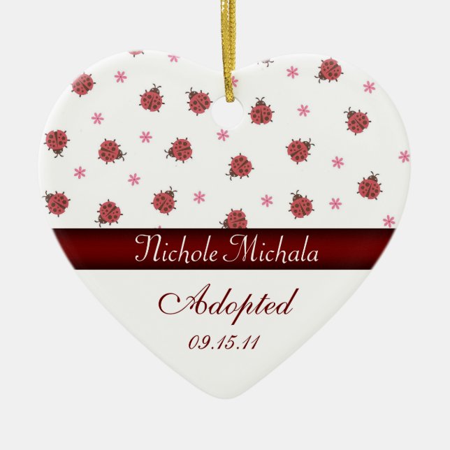 Lady Bug Heart Adoption Announcement Ceramic Tree Decoration (Front)