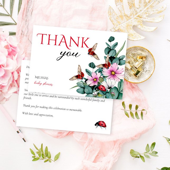 Lady bug little lady baby shower thank you card (Lady bug little lady spring summer girls baby shower thank you cards eucalyptus greenery cute bugs)