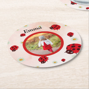 lady bug party photo round paper coaster