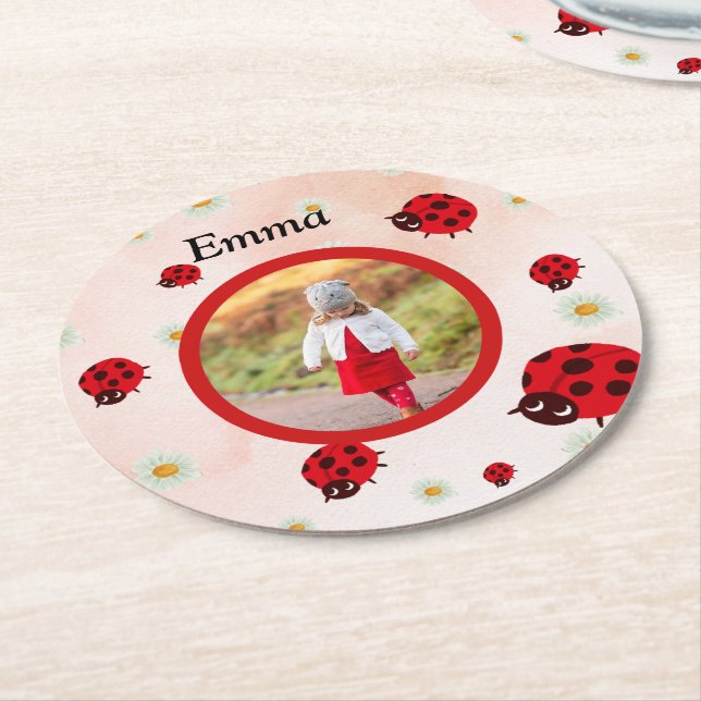 lady bug party photo round paper coaster (Angled)