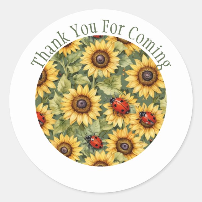 Lady Bug Sunflower Thank You Favour Classic Round Sticker (Front)