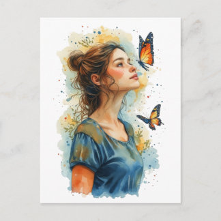 Lady Butterfly on a White Holiday Postcard