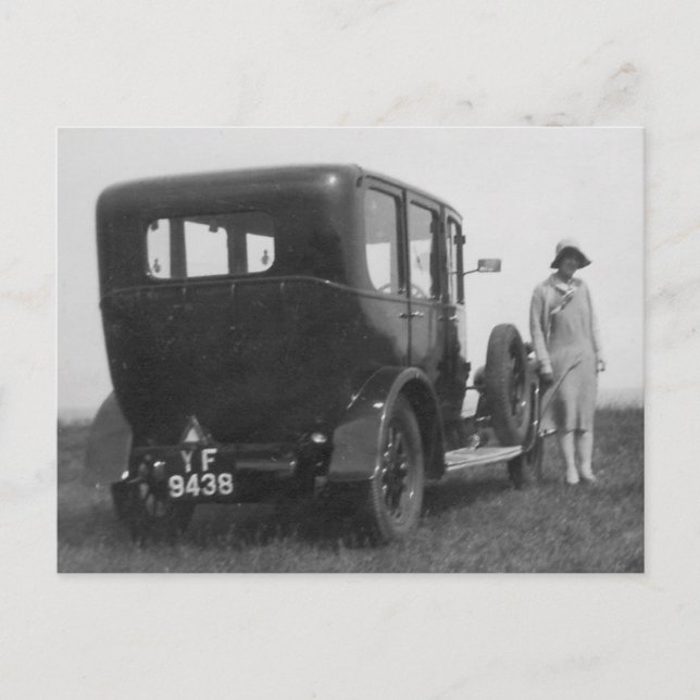 Lady & Car Vintage Black & White Image Postcard (Front)