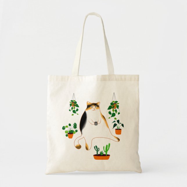 Lady Cat Drinking Coffee, Lady Cat With Plants Tote Bag (Front)