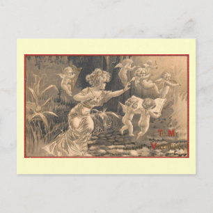 Lady Chases Musical Cupids, Valentine Vintage Holiday Postcard