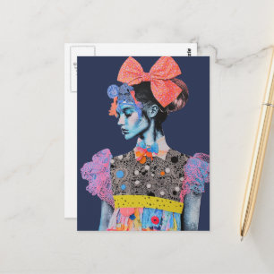 lady Colorful Collage A big bow in her hair  Postcard