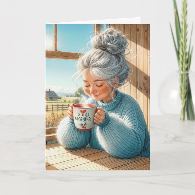 Lady Drinking Coffee Thinking of You Card (Front)