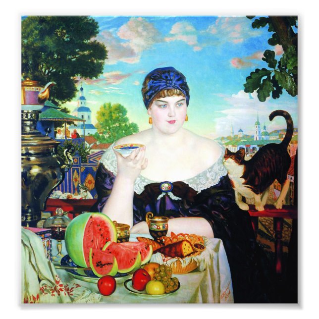 Lady Drinking Tea with Cat Photo Print (Front)