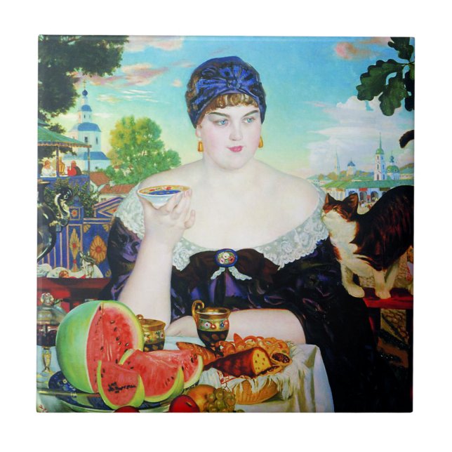 Lady Drinking Tea with Cat Tile (Front)